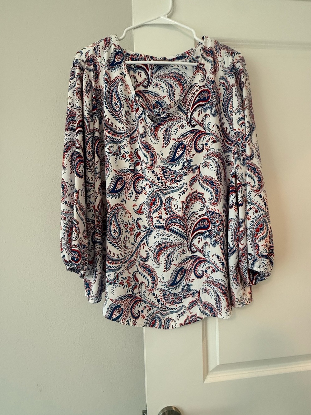 Chico's White Paisley Blouse with Navy & Red Accents - Picture 3 of 7